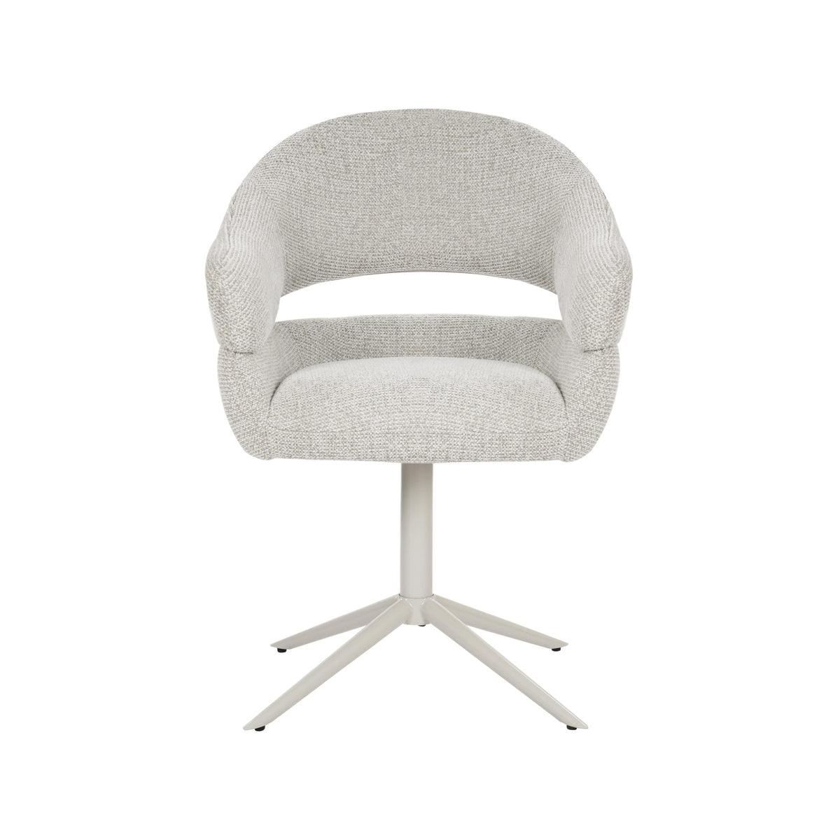 Draaibare eetkamerstoel met beige bouclé zitting en rug, ronde armen, vijfpunts draaibasis