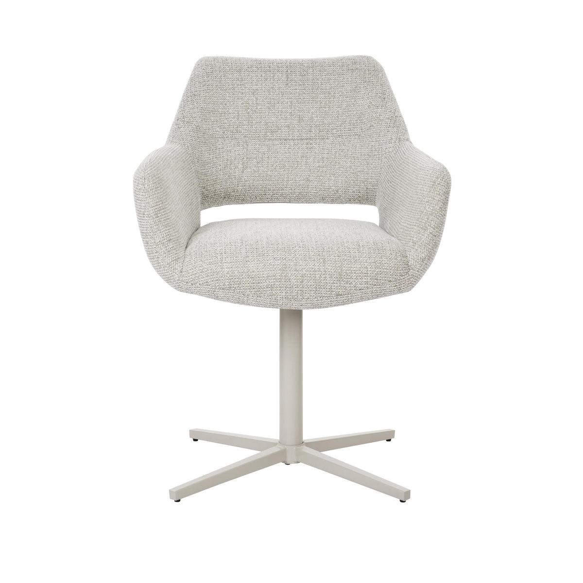 Draaibare eetkamerstoel met beige bouclé bekleding en ronde rug, op wit metalen kruisvoet