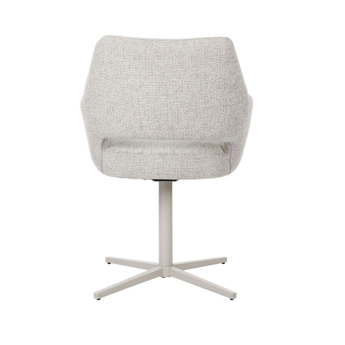 Draaibare eetkamerstoel met beige bouclé rug en zitting, zicht op stiksels en kruisvoet
