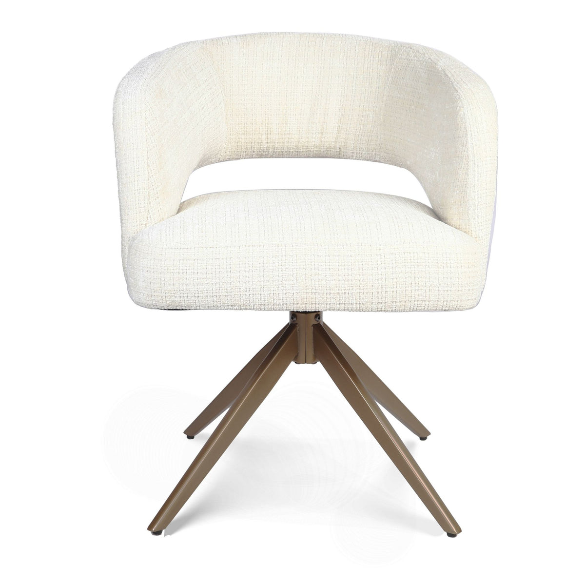 Eetkamerstoel met afgeronde rug en armleuningen, off-white bekleding, bronzen spinpoot