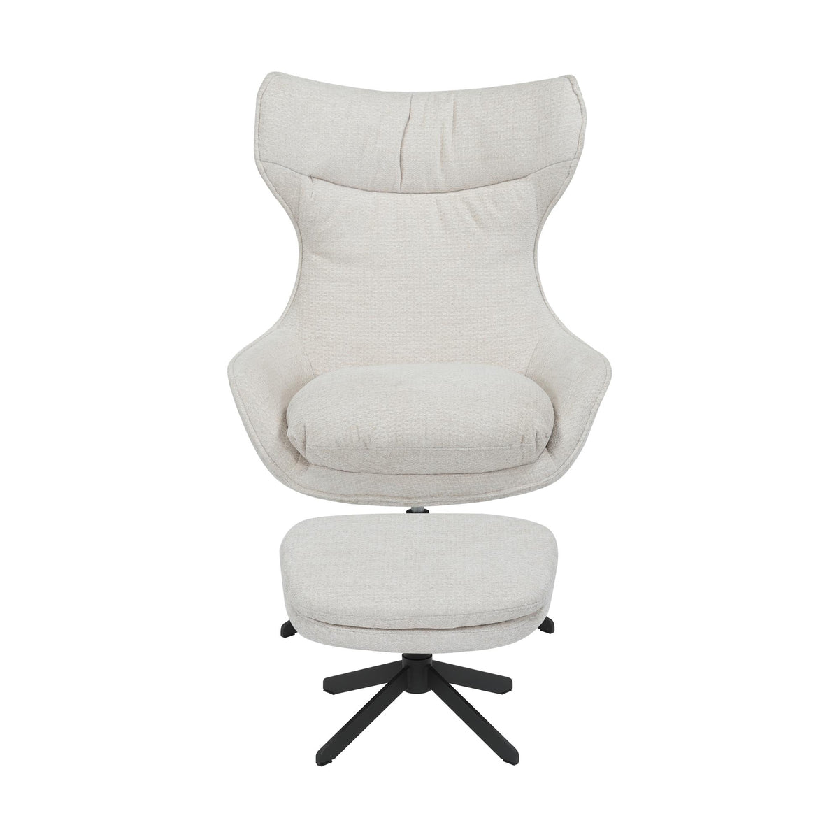 Fauteuil met hoge rug in gebroken wit en voetenkruk, draaibare zwarte pootbasis