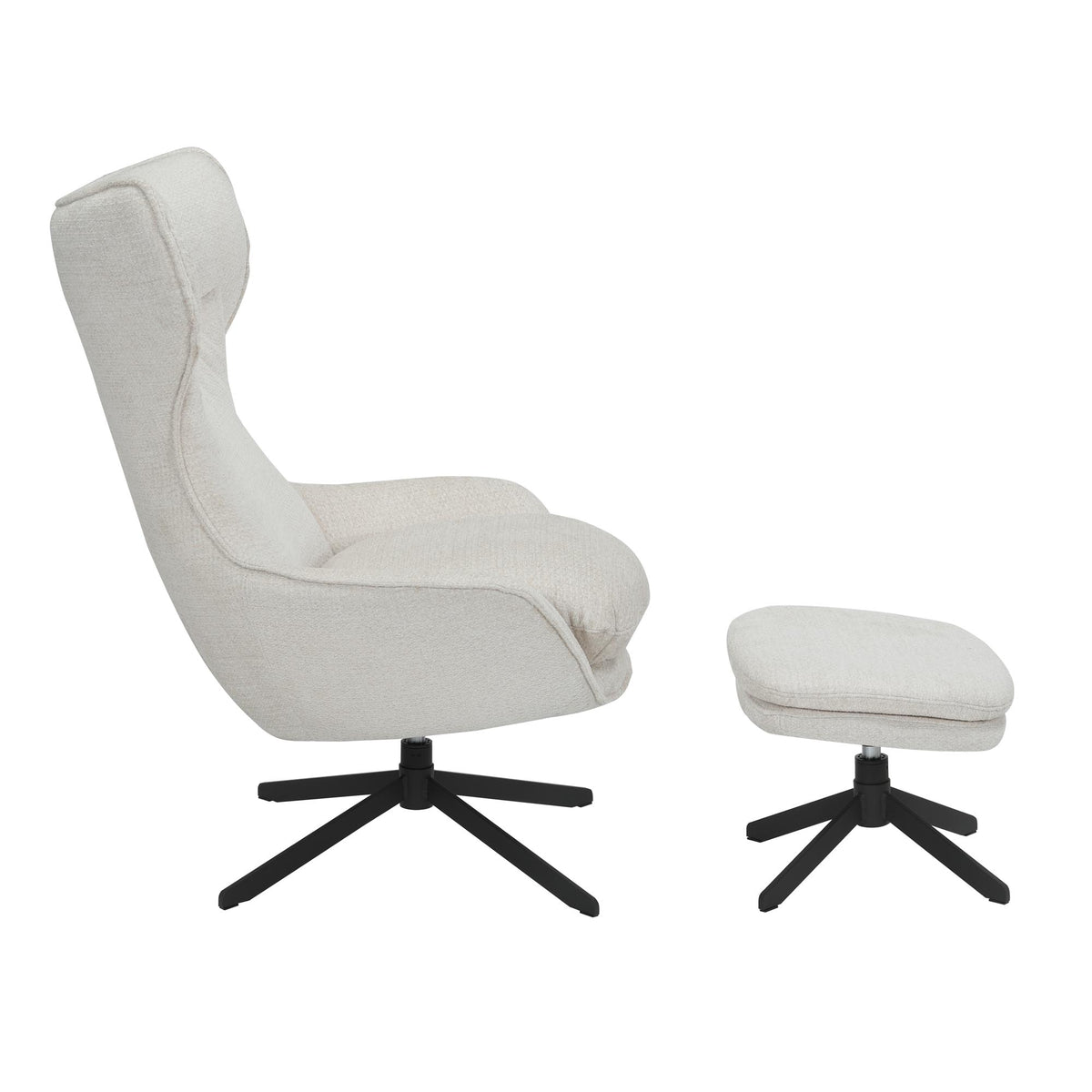 Fauteuil met hoge rug in gebroken wit en voetensteun op zwarte draaipoot