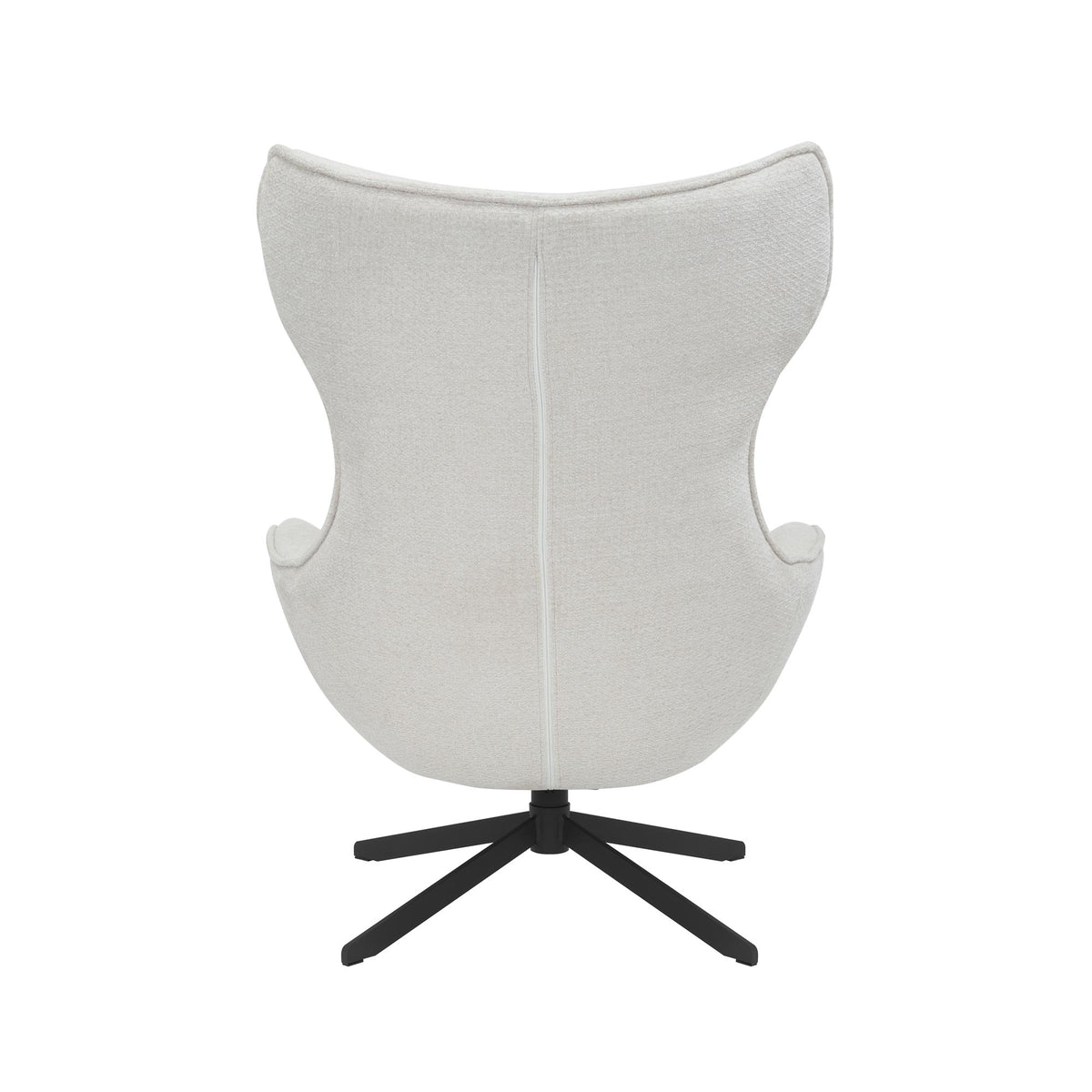 Fauteuil met hoge rug in gebroken witte stoffering en zwarte draaibasis met kruispoot