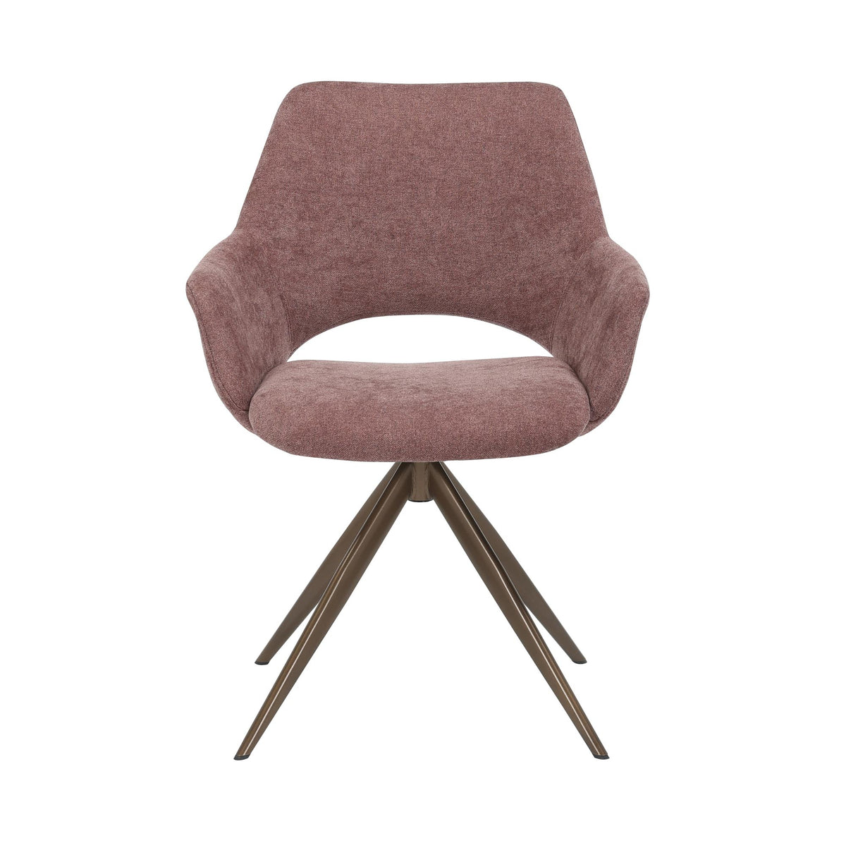 Eetkamerstoel met mauve stoffering, ronde zitting en armleuningen, op sterpoot.
