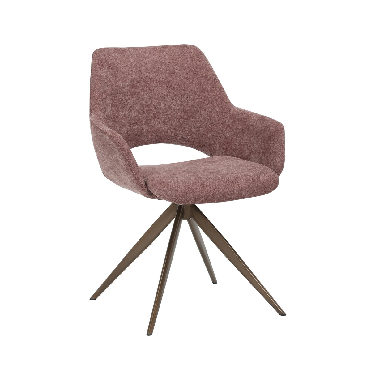 Eetkamerstoel met mauve stoffering, hoge rug en armleuningen, op metalen sterpoot.