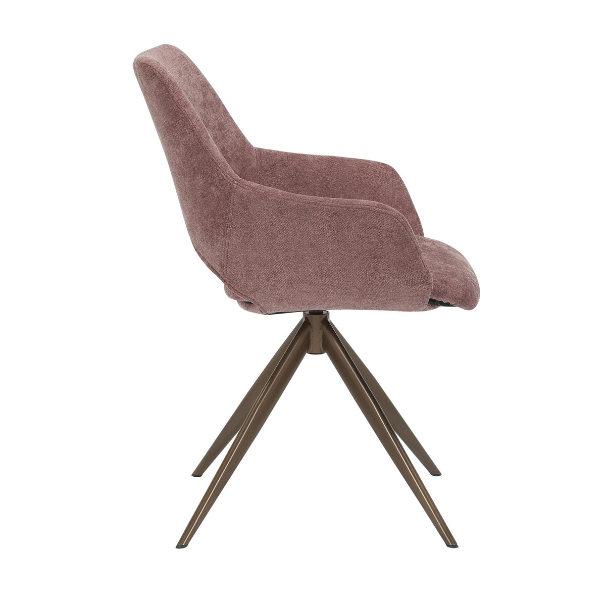 Eetkamerstoel met mauve stoffering en brede rug, op metalen sterpoot.