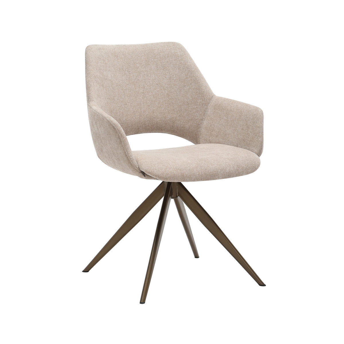 Beige gestoffeerde eetkamerstoel met ronde zitting, hoge rug en vier schuine houten poten