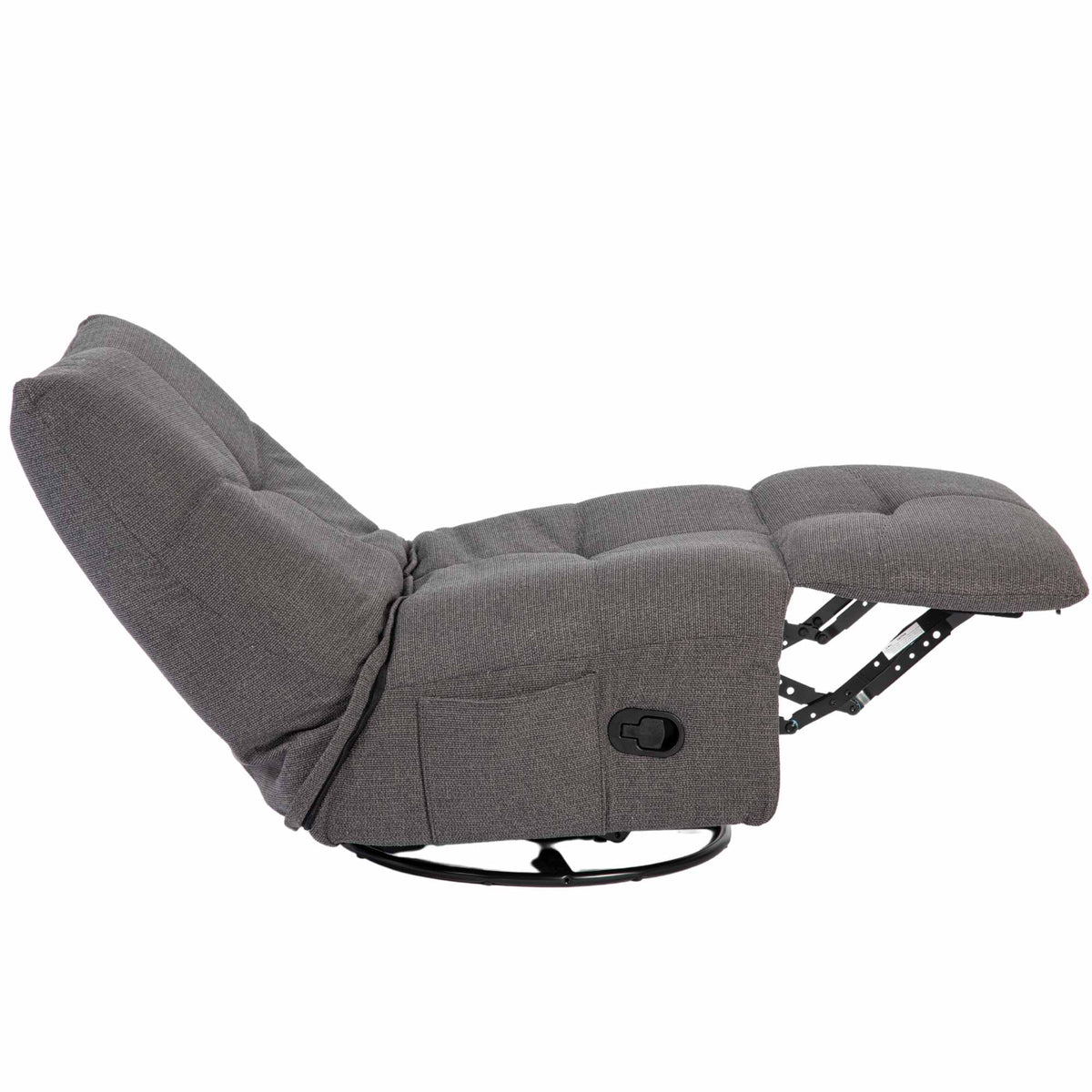 Relaxfauteuil Lazy in donkergrijze stof, halfopen ligstand met zijarmleuning en voetensteun.