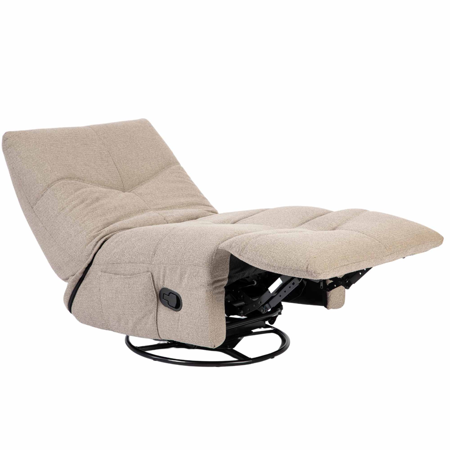 Relaxfauteuil in taupe stof, met voetensteun en ronde draaibasis