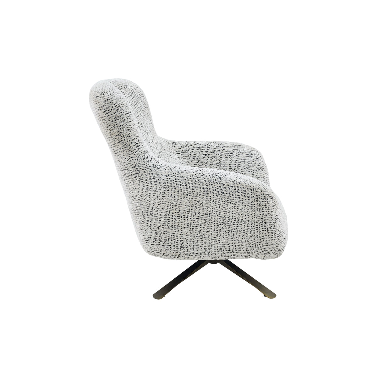 Draaibare fauteuil zijaanzicht met beige bekleding, ronde armleuningen en pootjes