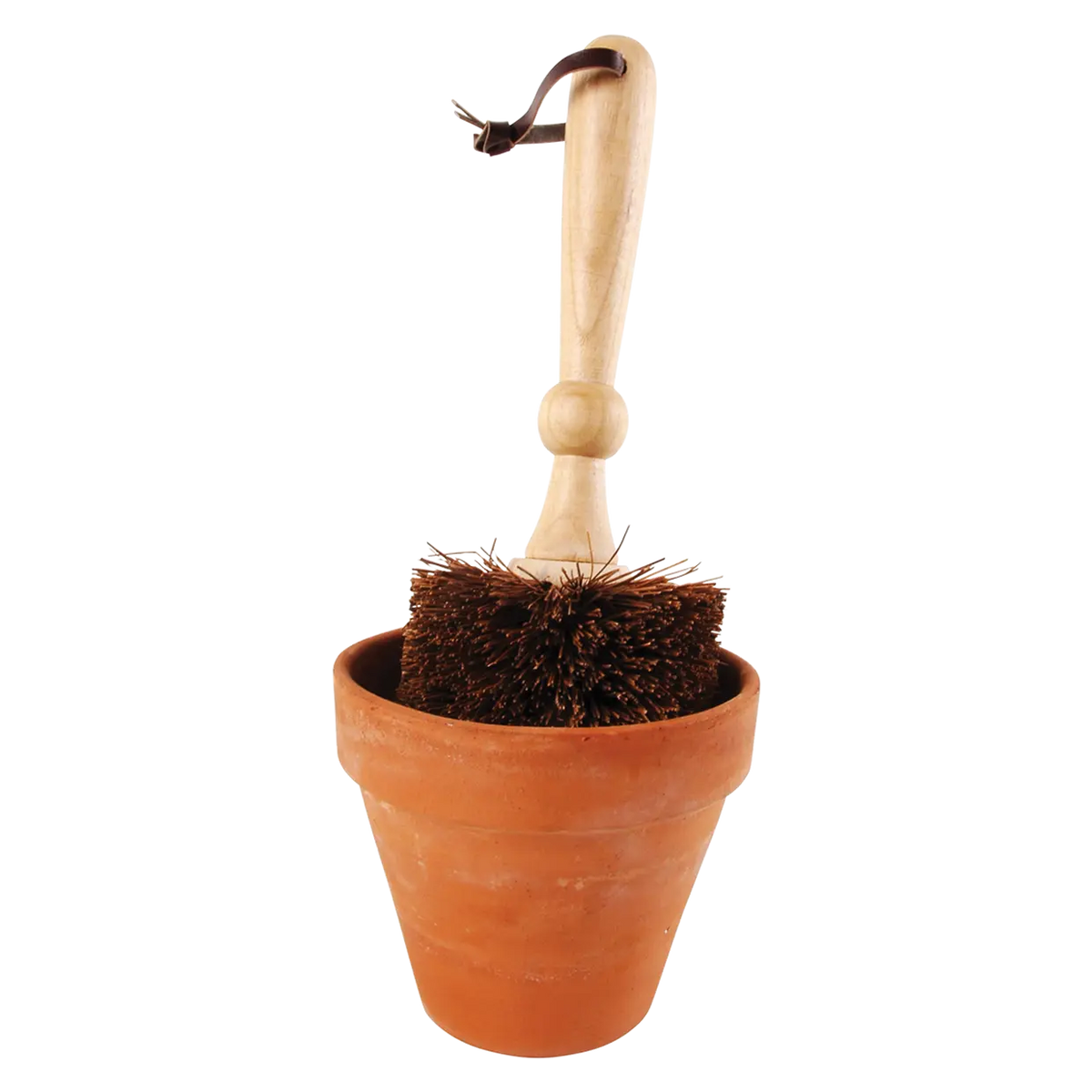 Bloempot borstel met houten steel en borstelharen boven terracottakleurige bloempot.