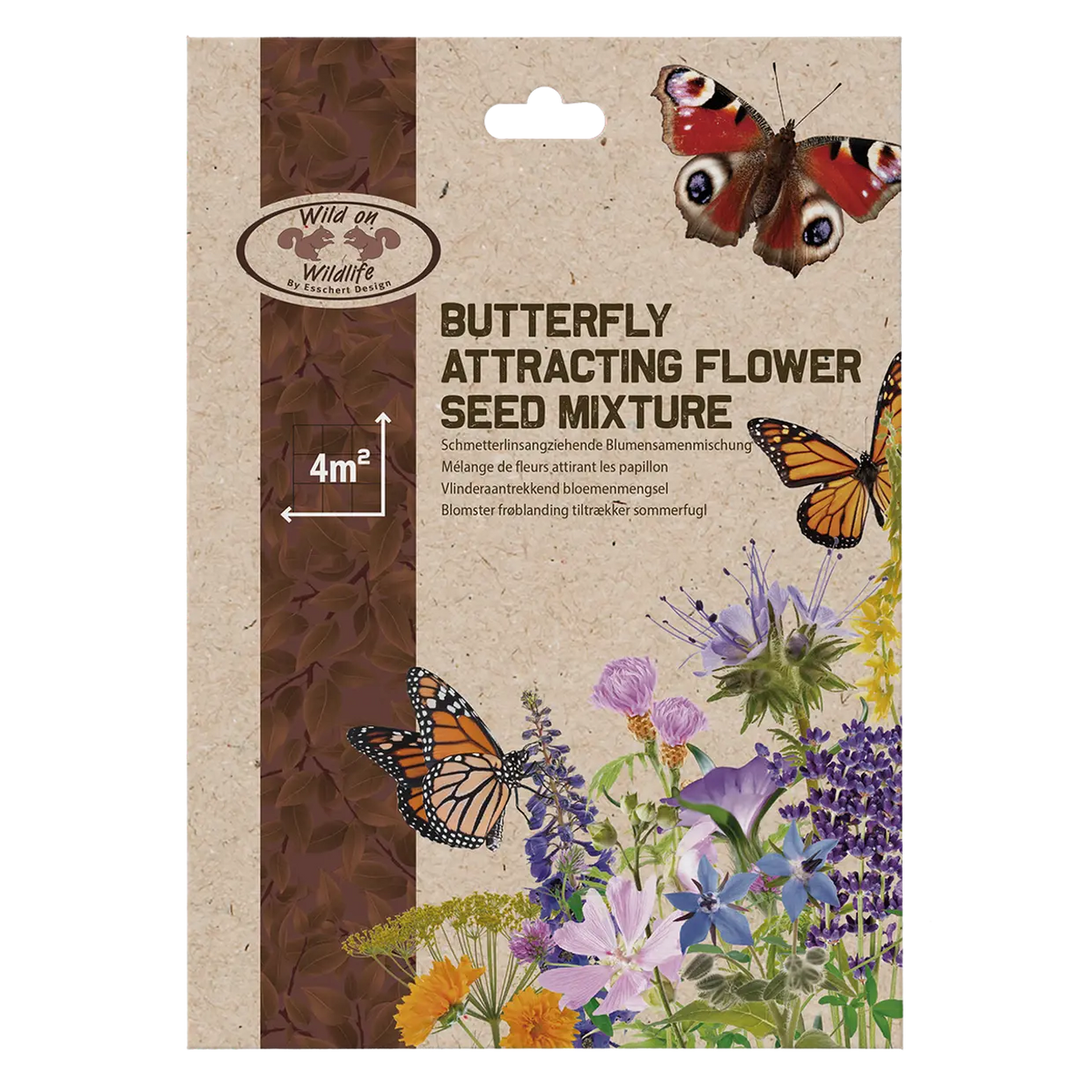 Vlinderaantrekkend bloemenmengsel zaadzak met vlinders en kleurrijke bloesemillustraties