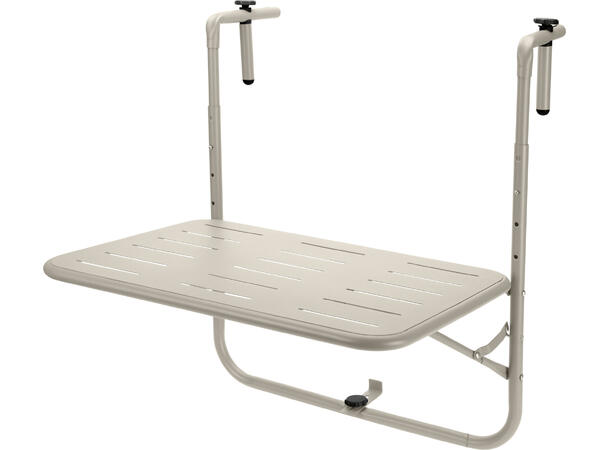 Beige balkontafel met metalen frame en rechthoekig blad met sleuven