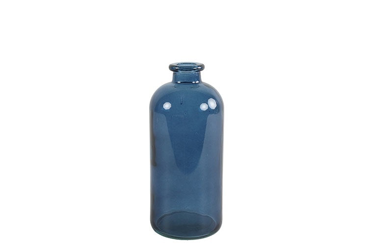 Blauwe glazen fles met witte stippen en schroefdop