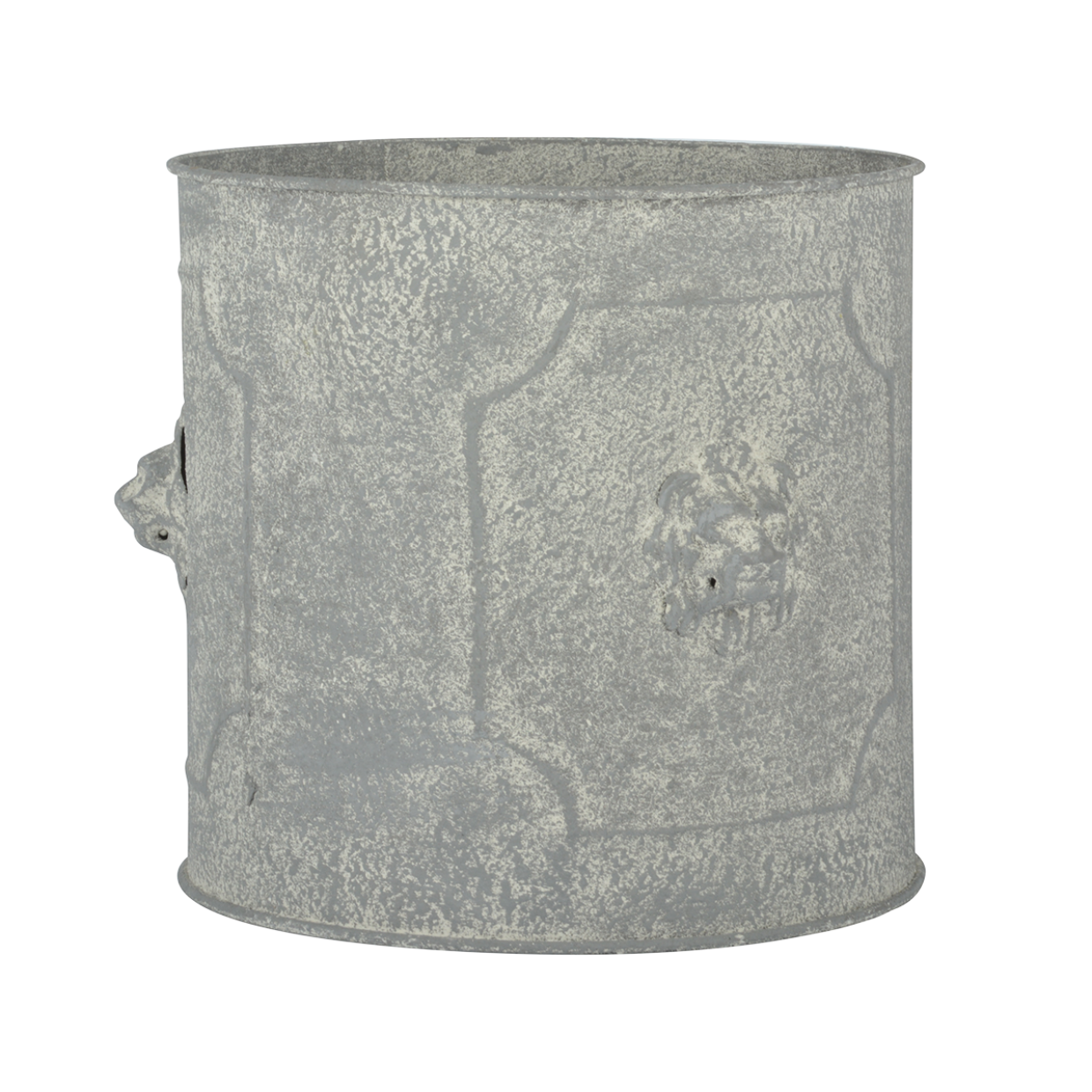 Ronde verouderde metalen bloempot met leeuwrelief, grijs