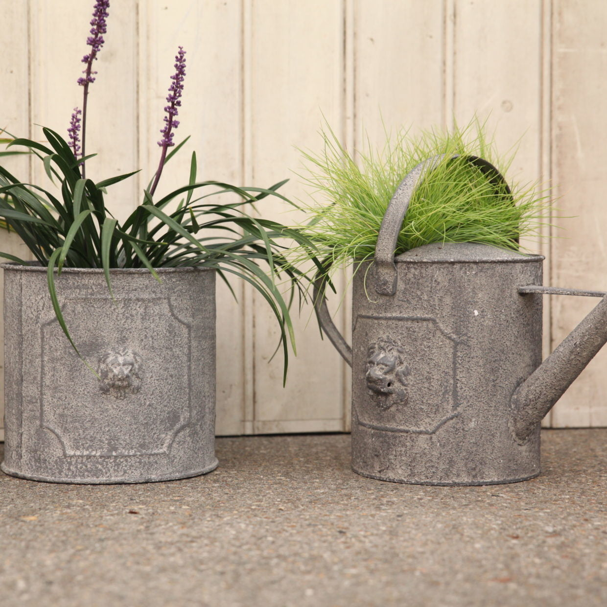 Set van 2 ronde metalen bloempotten met leeuwrelief, verouderd grijs