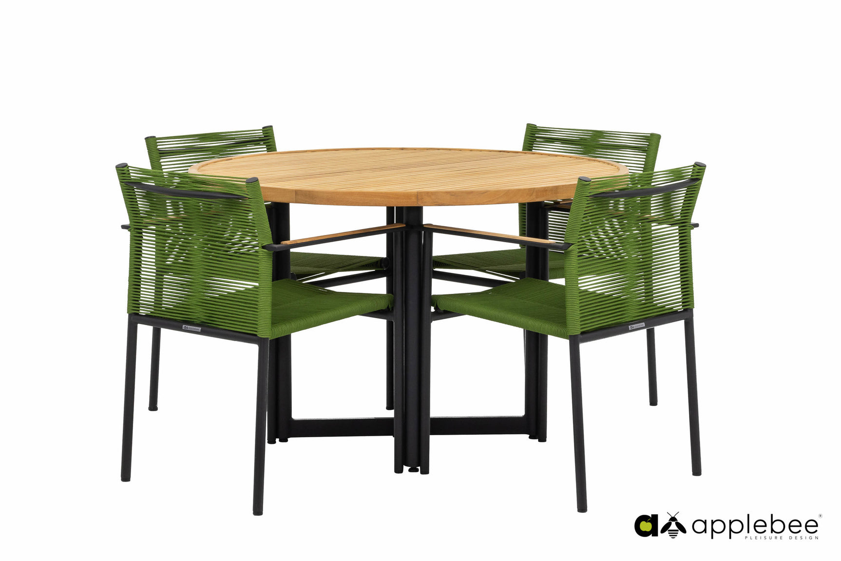 Ronde tuinset met houten tafel en 4 olijfgroene stoelen