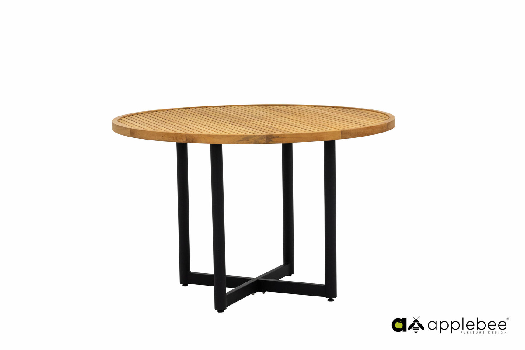 Ronde tuintafel met houten tafelblad en zwart metalen frame