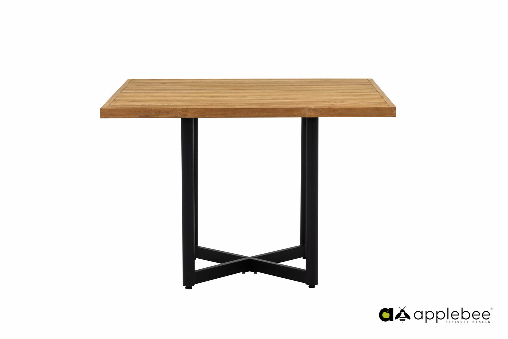 Vierkante tuintafel met houten blad en zwart kruisvormig metalen onderstel