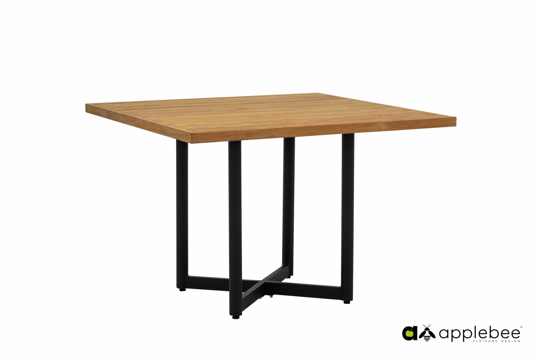 Vierkante tuintafel met houten blad en zwart metalen onderstel