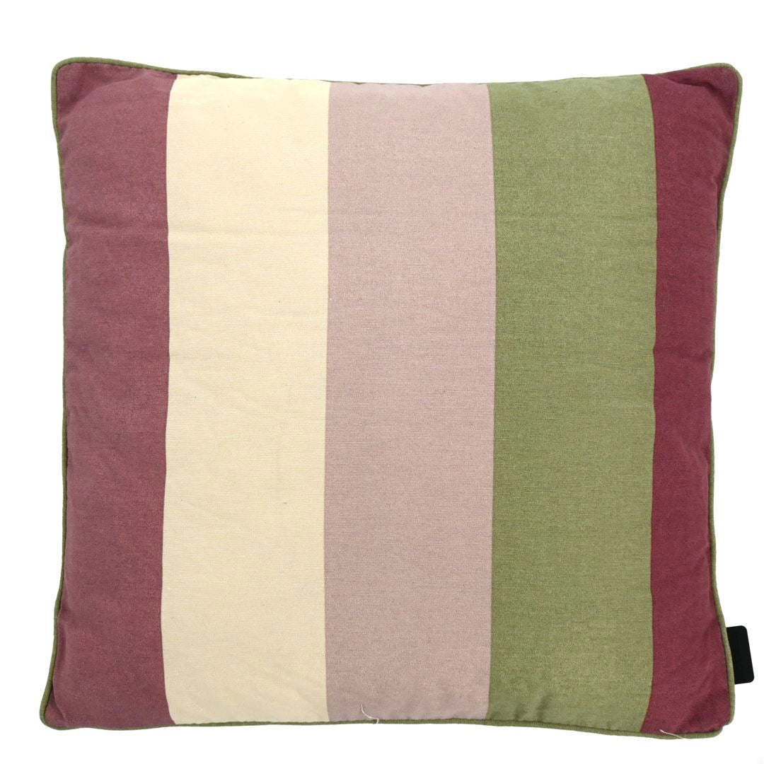 Sierkussen 50x50 cm met verticale strepen in bordeaux, beige en olijfgroen