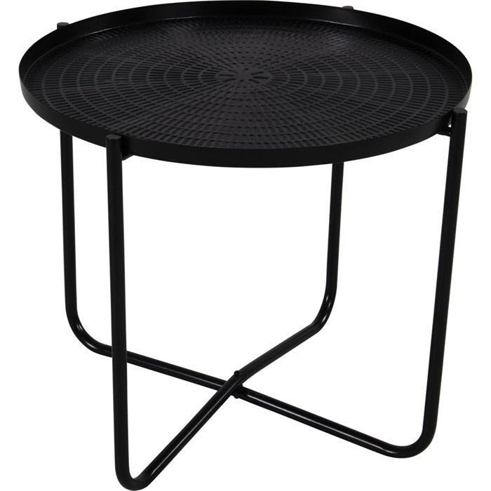 Zwarte bijzettafel met rond blad en metalen pootframe