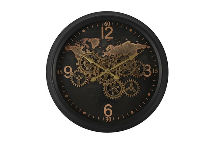 Ronde zwarte wandklok Ø60 cm met gouden tandwielwerk en Romeinse cijfers