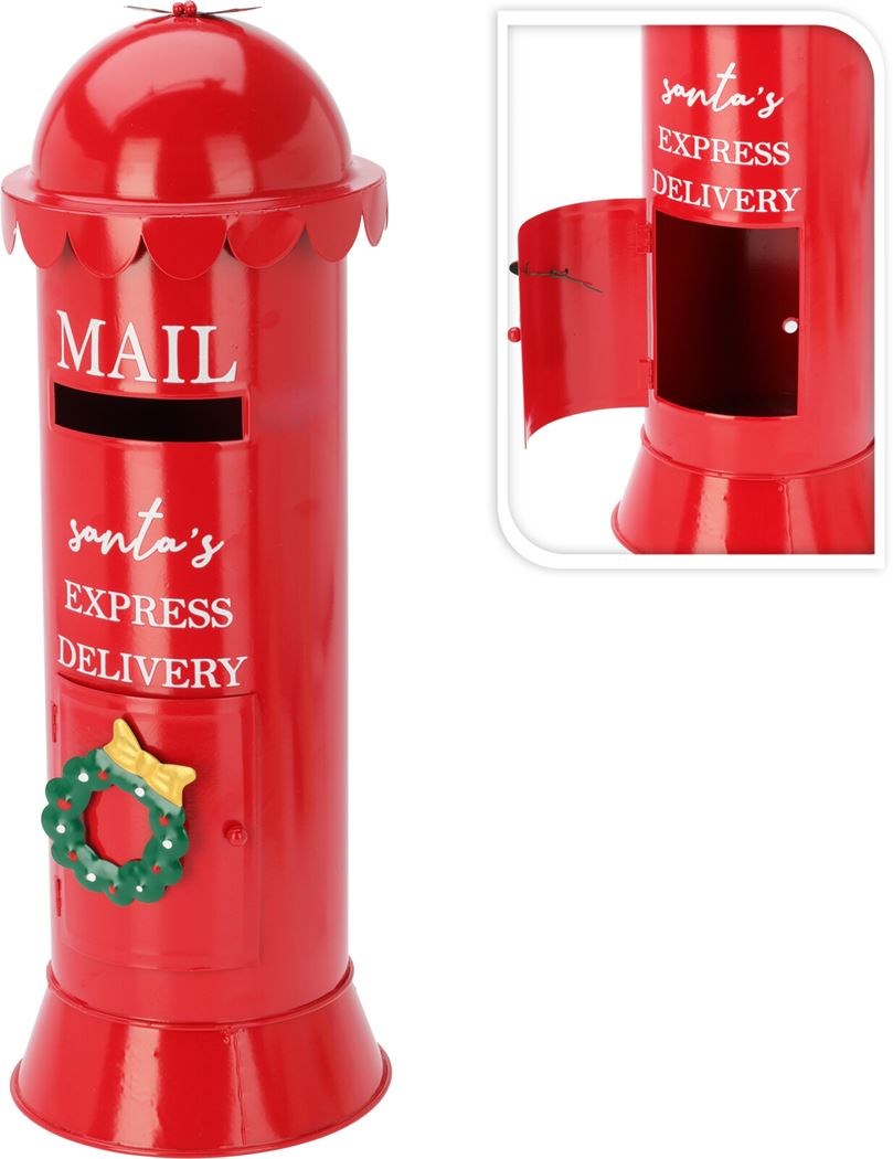 Rode decoratieve kerstbrievenbus met koepel, ‘Santa’s Express Delivery’ en kerstkrans