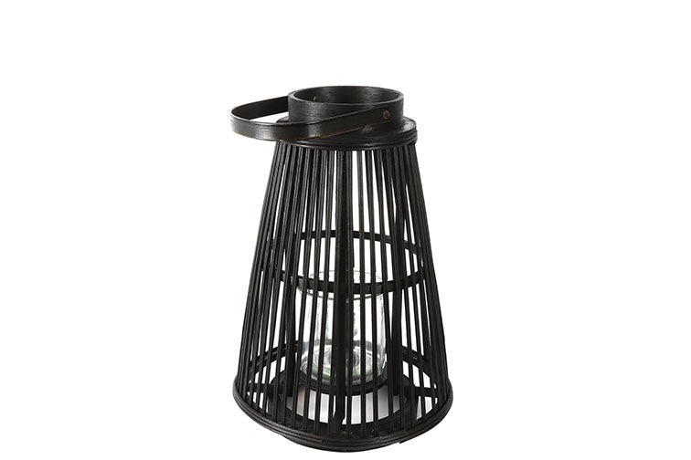 Zwart conisch windlicht van metaal met verticale latten en open bovenkant