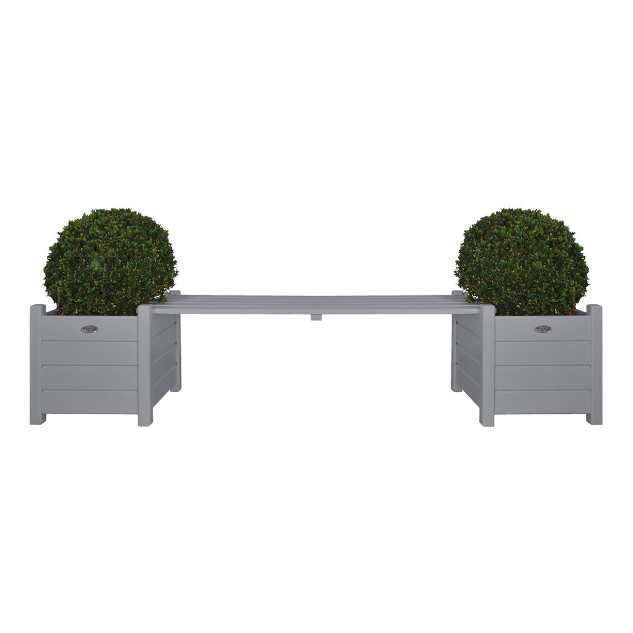 Plantenbank met grijze houten plantenbakken en twee ronde struikvormige planten.