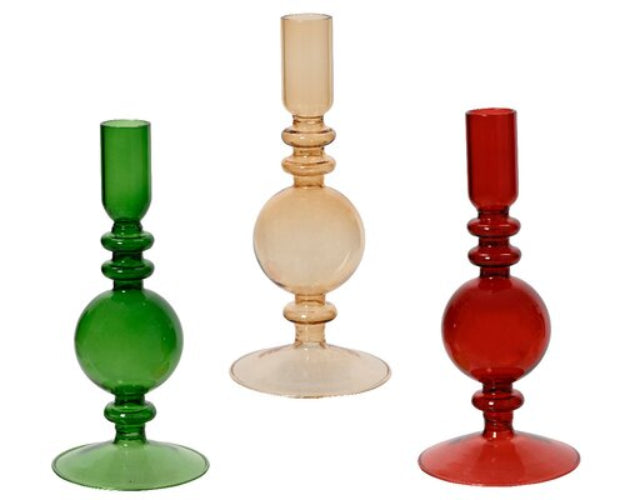 Decoris glazen kandelaar, drie kleuren: groen, rood en crème, ca. 19 cm hoog.