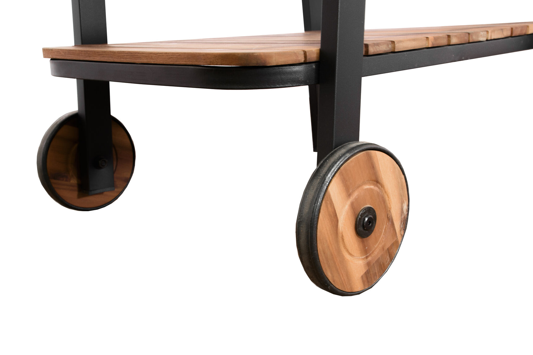 Zwarte tafelpoten met houten wielen en zwart buisonderstel onder het frame.
