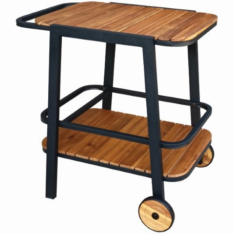 Houten trolleytafel met zwart metalen frame, twee planken en wielen.