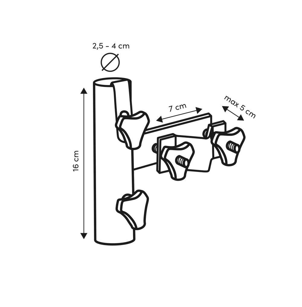 Line-art klem voor verticale ronde leuning met verstelbare beugels