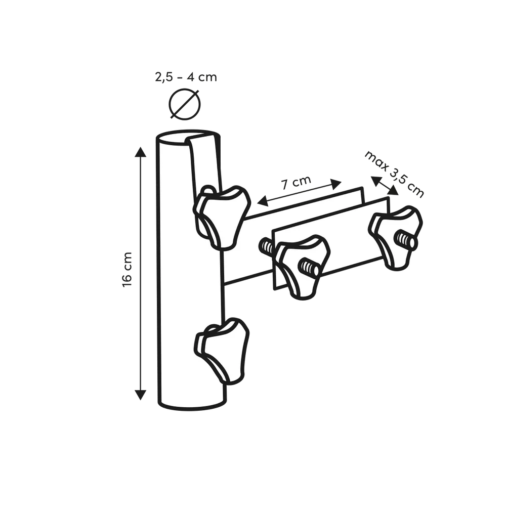 Schematische tekening van verticale flat railing-balkonklem met klembeugels