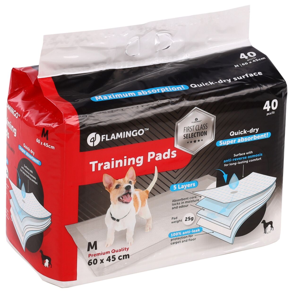 Verpakte trainingspads voor honden, formaat M 60x45 cm, 40 stuks, 5 lagen