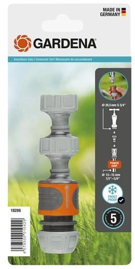 Gardena aansluitset met grijze koppeling en oranje ring, in blisterverpakking