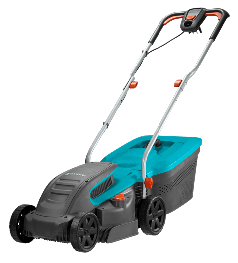 Elektrische grasmaaier met blauwe kap, zwarte wielen en handgreep