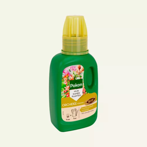 Orchideevoeding-fles met gele dop en groen vooretiket, compact flesformaat