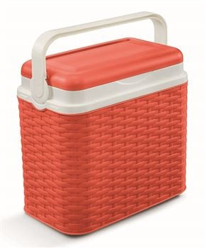 Koelbox van rietstructuur, rood met witte deksel en handgreep, 10 liter