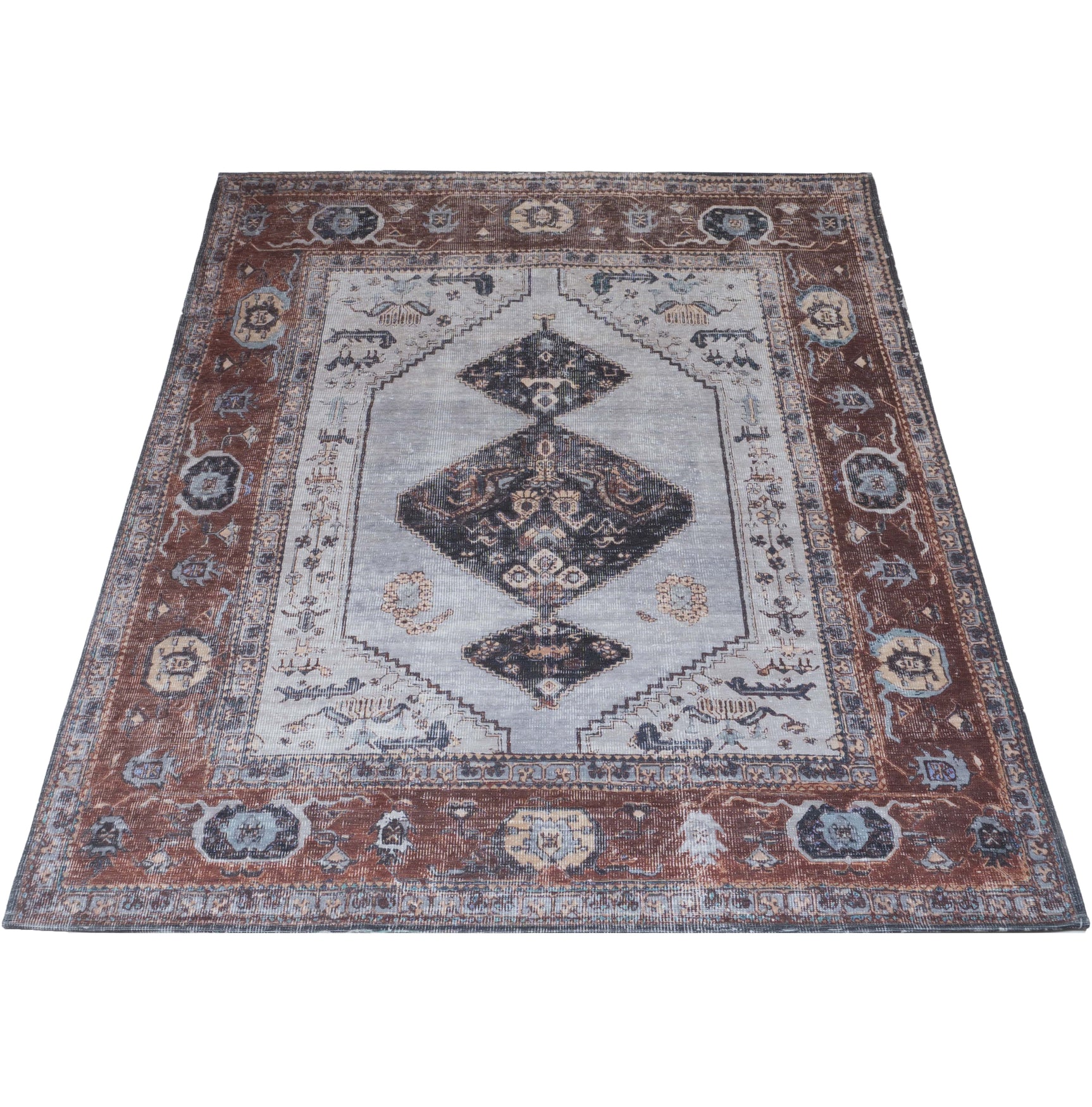 Karaca vloerkleed met donker antraciet en bruine randen, licht patroon met ruiten, 200x290 cm