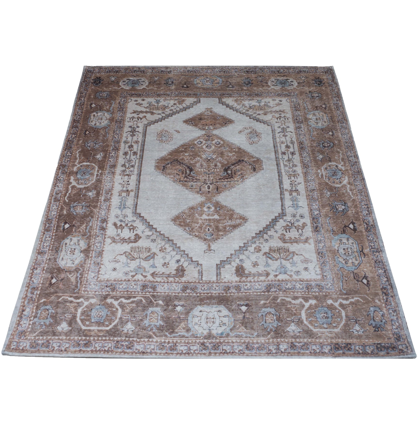 Vloerkleed met vintage patroon, bruin en beige medaillon, rechthoekige rand