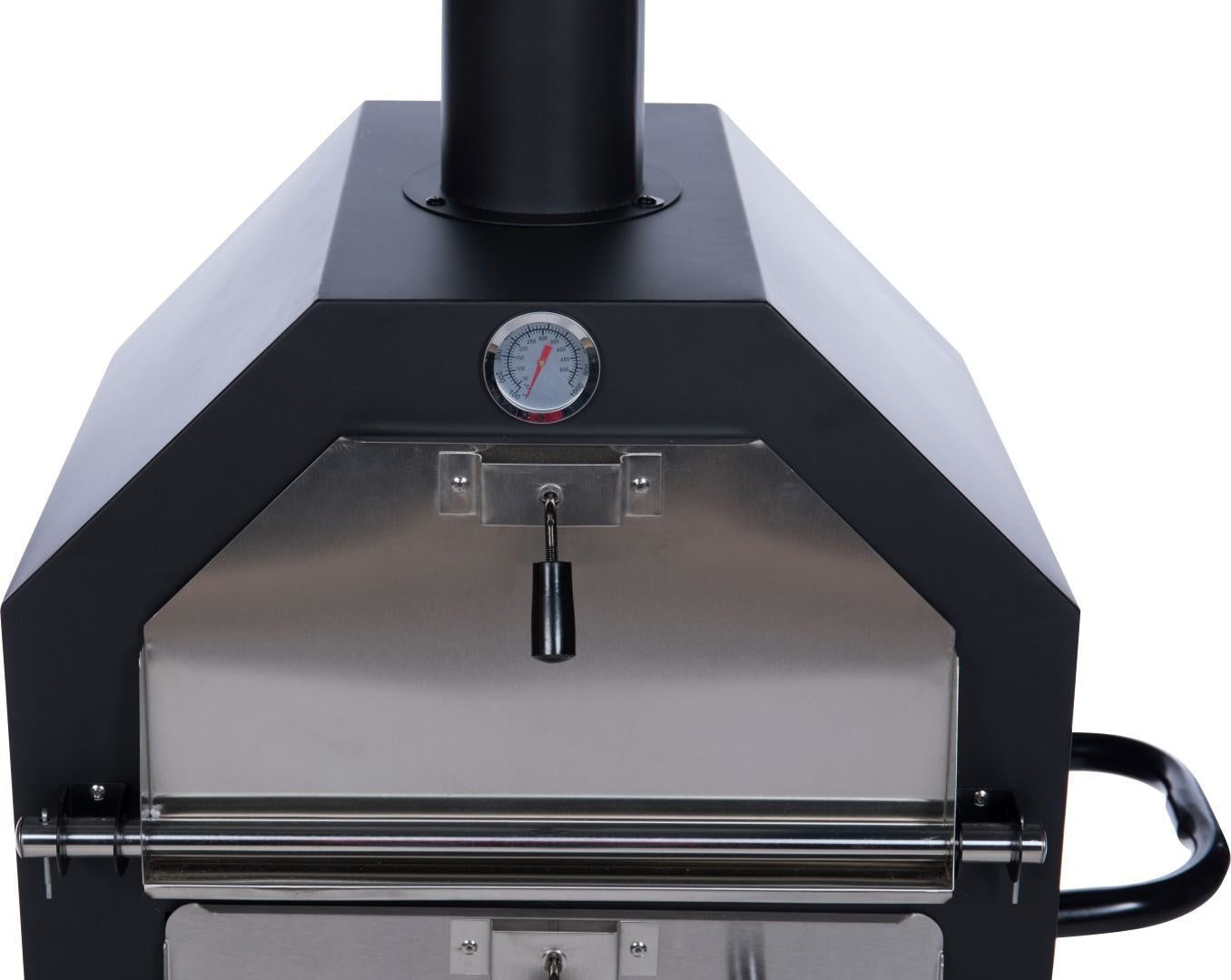 Bovenkant van pizzaoven met metalen ring, thermometer en hittescherm