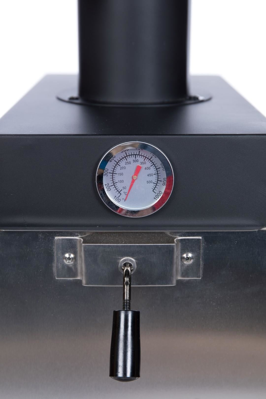 Ovendeel van pizzaoven met ronde thermometer en verstelbare regelhendel