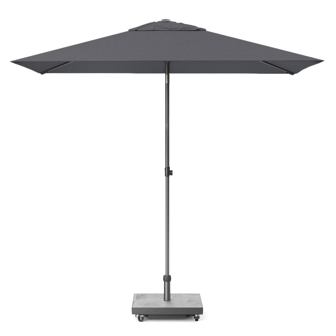 Antraciet parasol met middenpaal en ingeklapt rechthoekig doek