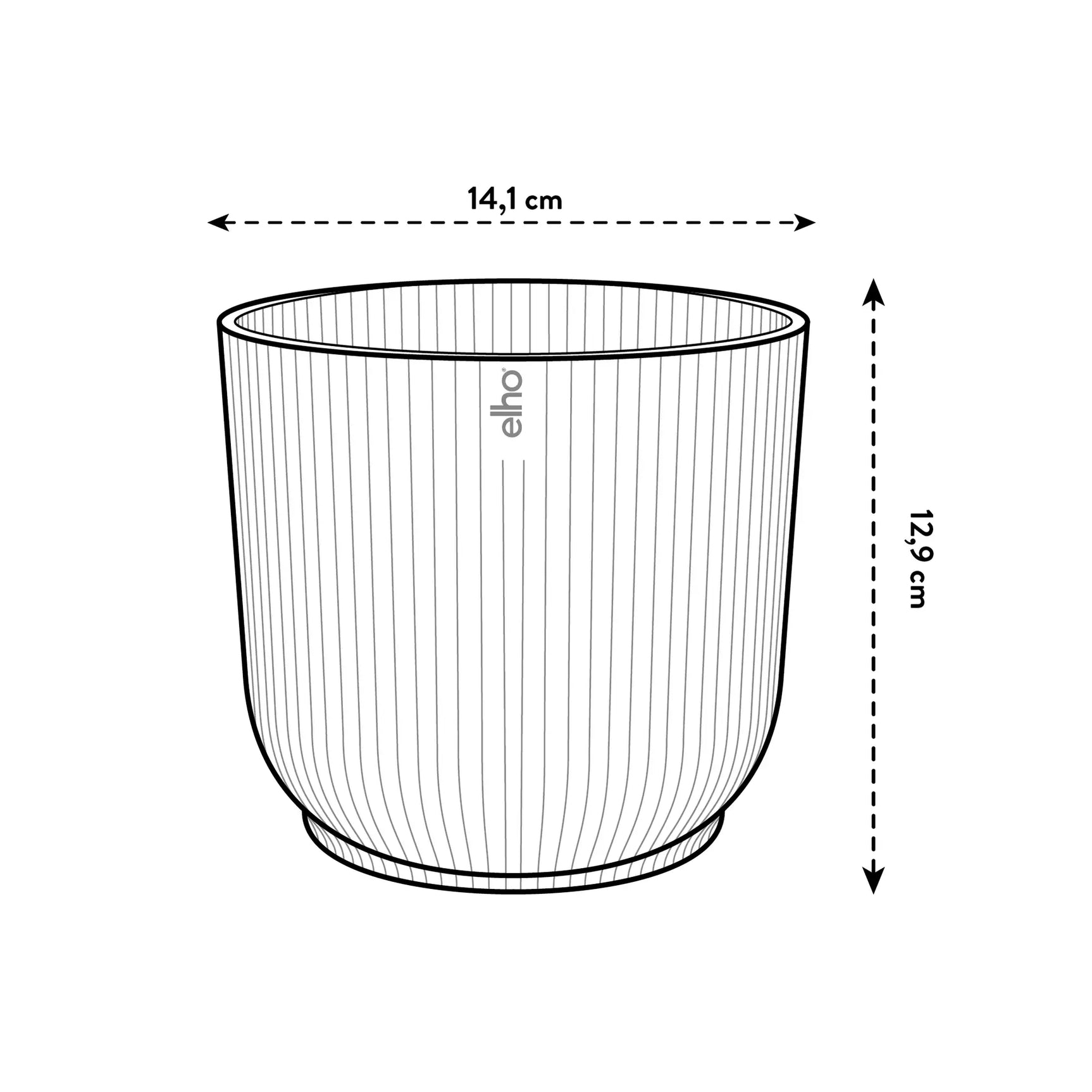 Technische tekening van ronde bloempot: 14,1 cm breed en 12,9 cm hoog.