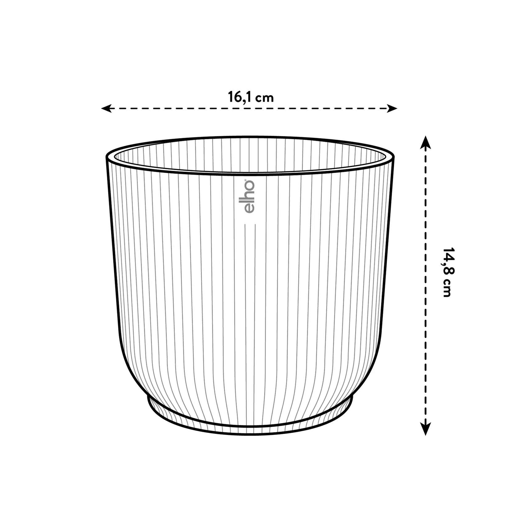 Tekening: varengroene ronde plantenpot Elho Vibes Fold, 16,1 cm breed en 14,8 cm hoog