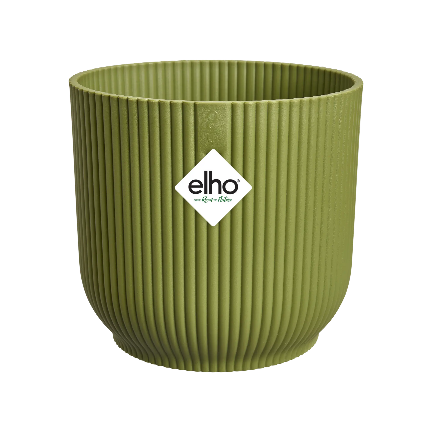 Groene ribbelpot met elho-logo, ronde plantenbak met verticale ribben