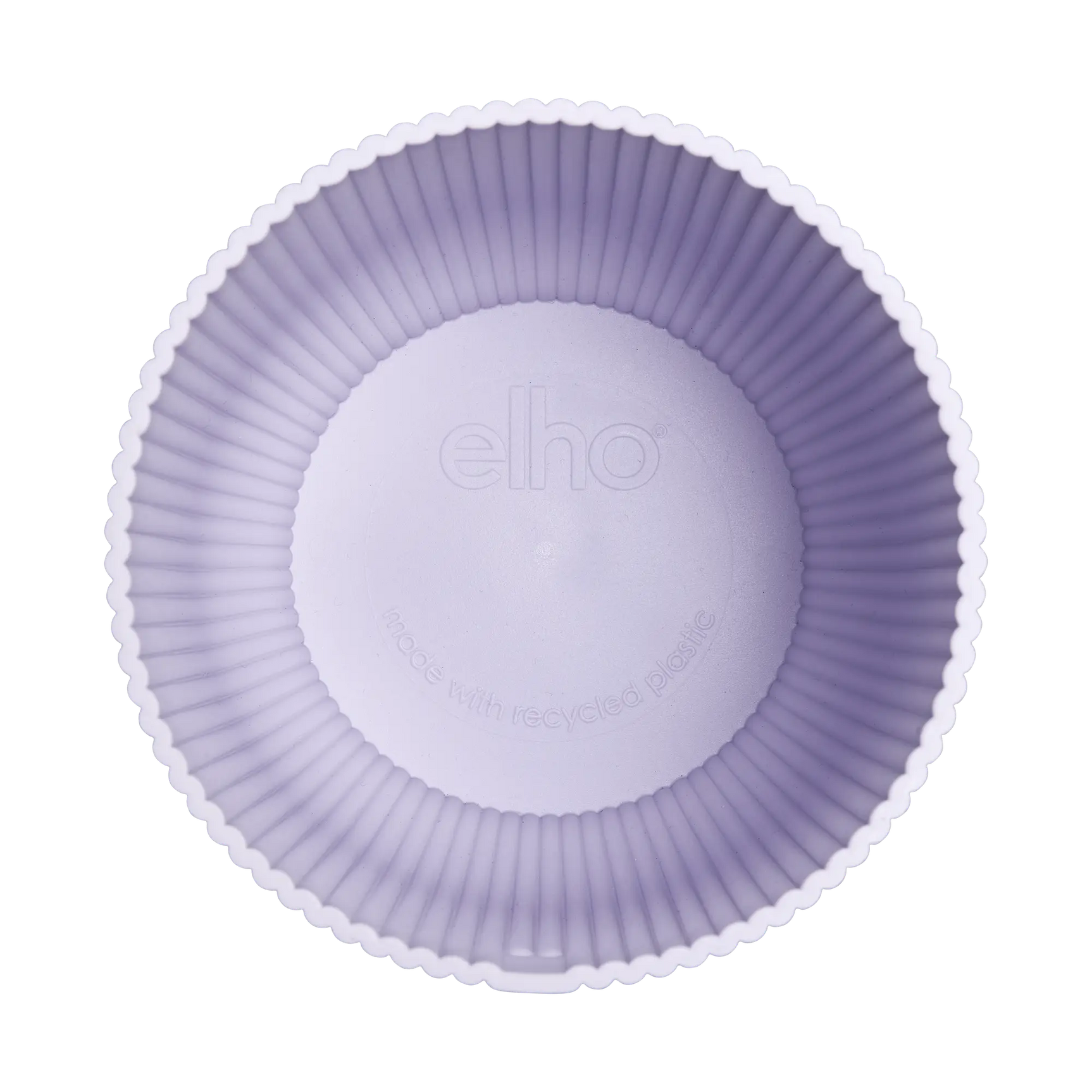Onderzijde van lila pot met ribbelrand en elho-logo in het midden