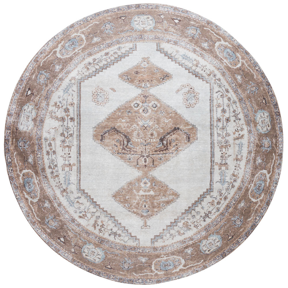 Rond vloerkleed met abstract medaillonpatroon in bruin en beige, ø200 cm.